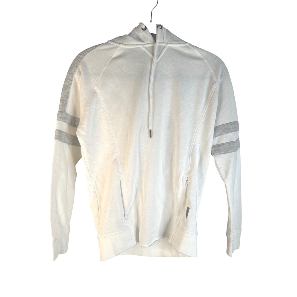 Avocado‎ Women's White Striped Sleeve Side Zip Pocket Hoodie Sweatshirt Small
